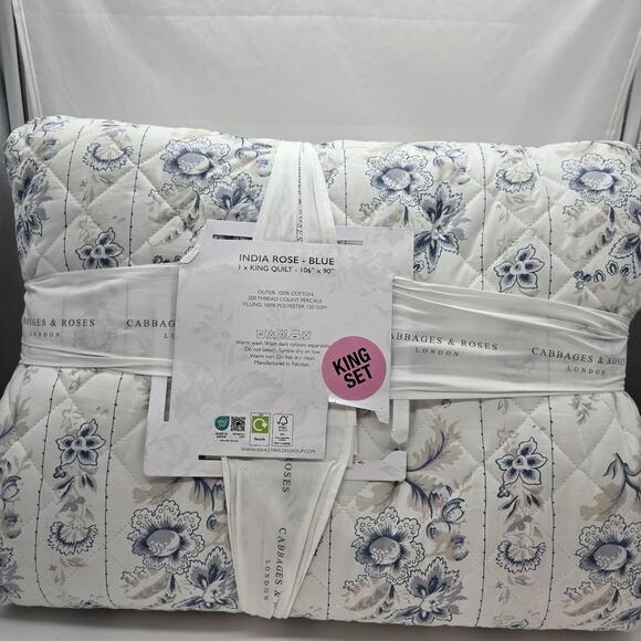 Cabbages & Roses KING Quilt India Rose Grey Blue White Floral Embroidered Cottag - Picture 5 of 7